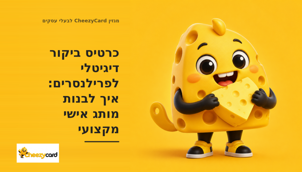 פרילנסרית בוחנת כרטיס ביקור דיגיטלי עם תמונה מקצועית, מסר ברור, עבודות נבחרות וכפתור ליצירת קשר